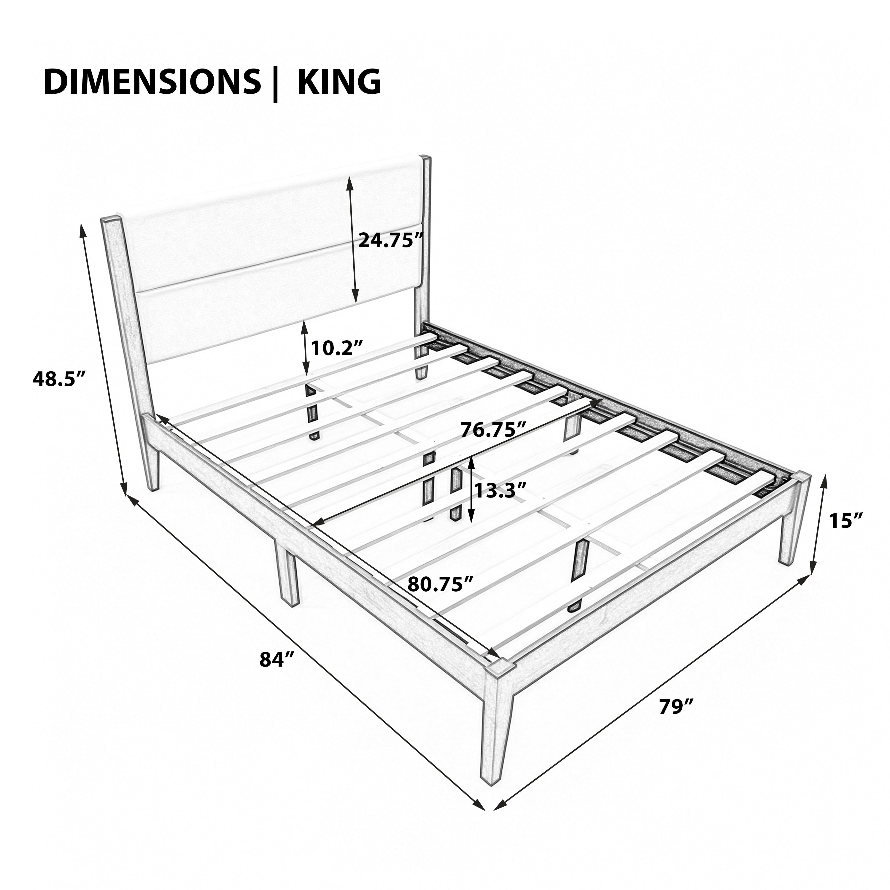 Mid-Century Modern King Platform Bed Frame with Upholstered Headboard, No Box Spring Needed