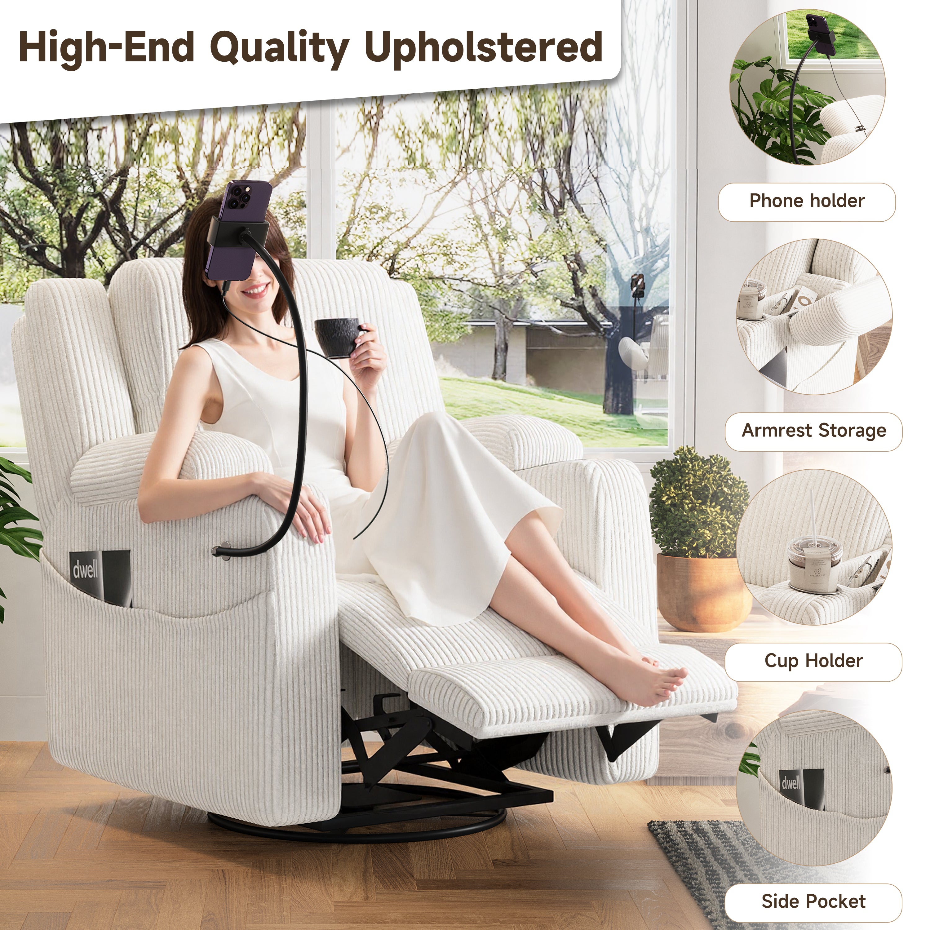 Electric Power Recliner Chair with Heat & Massage, 270° Swivel Rocker in Beige Corduroy