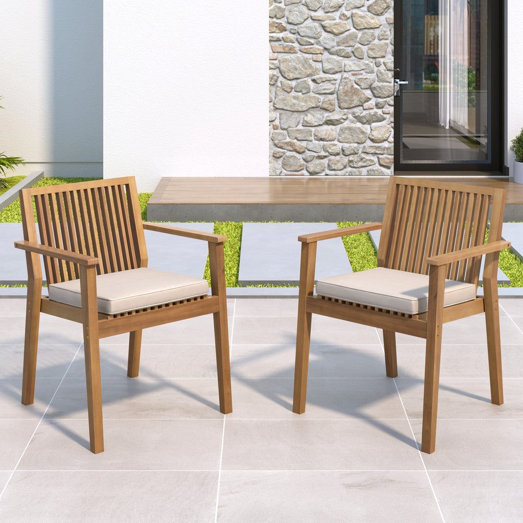 Acacia Wood Patio Dining Chair Set of 2 – Waterproof Cushions, 400 lb Capacity, Brown Frame