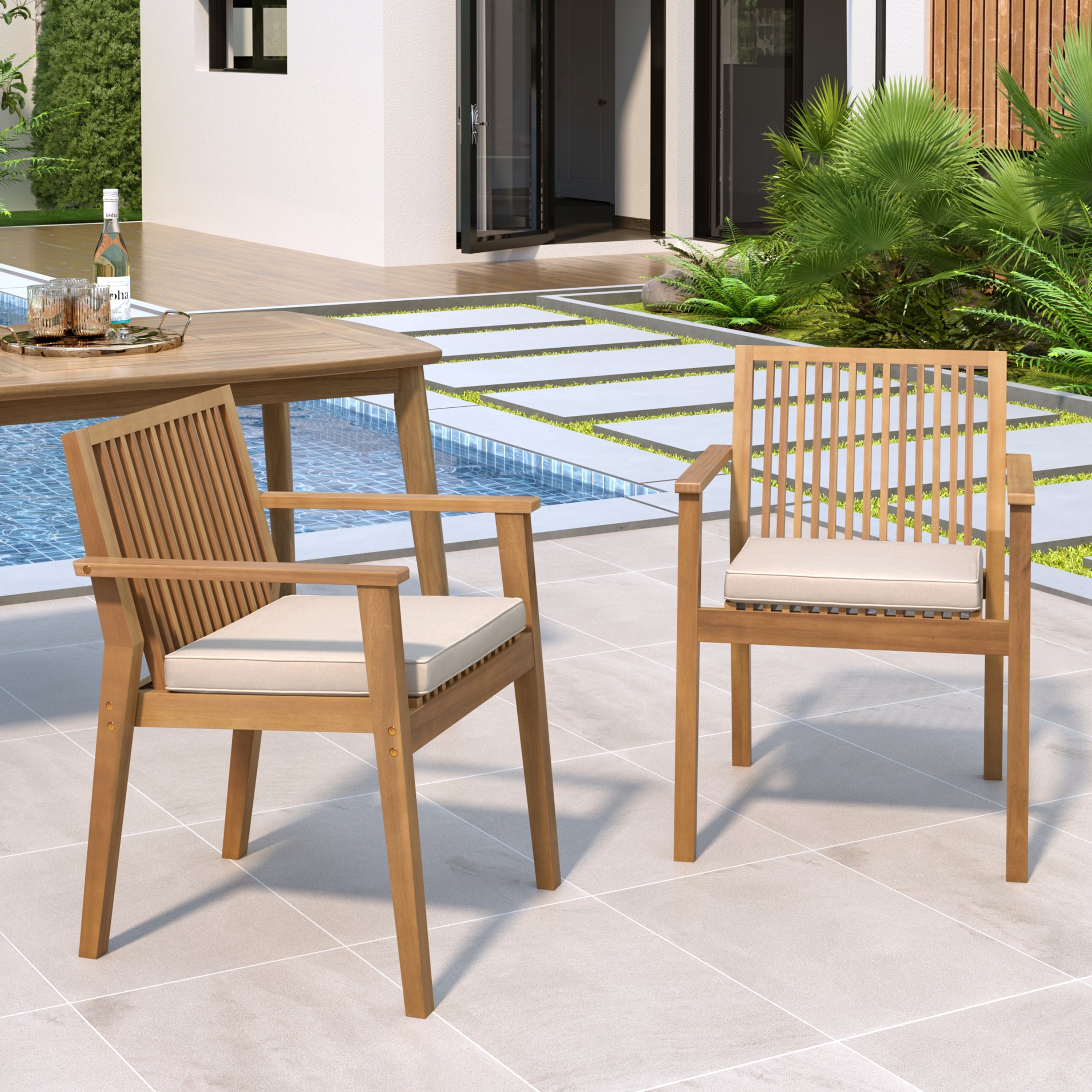 Acacia Wood Patio Dining Chair Set of 2 – Waterproof Cushions, 400 lb Capacity, Brown Frame Secondary image