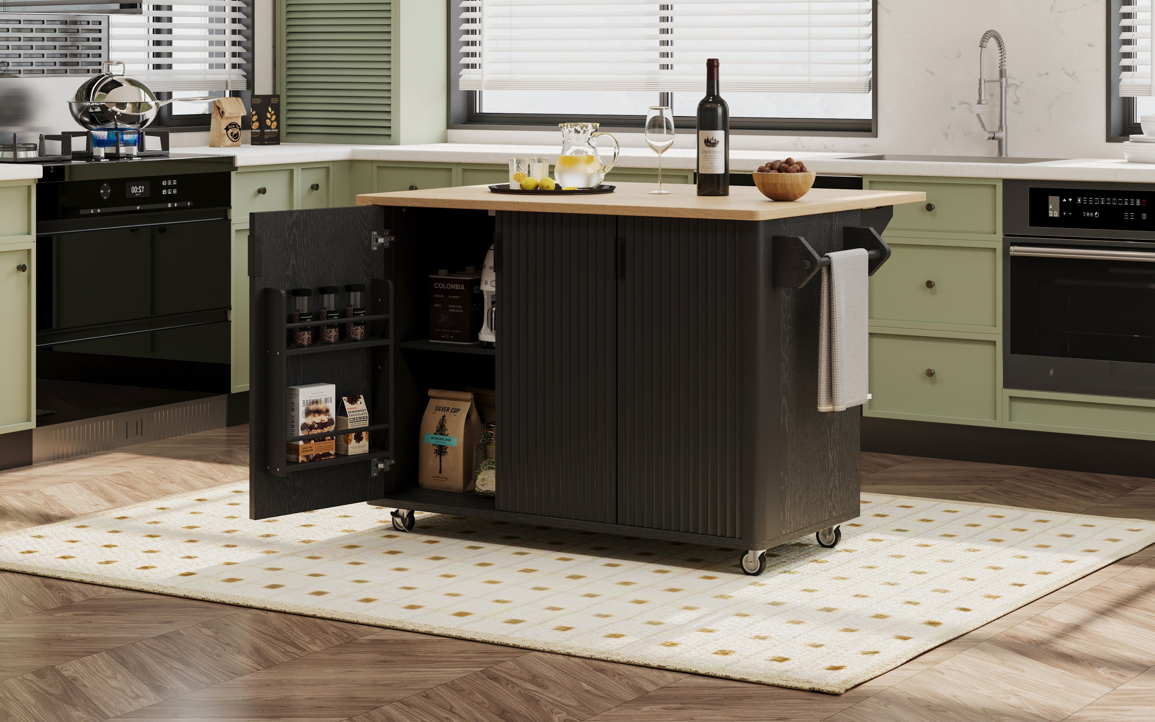 Close-up of 360-degree wheels, including two locking casters