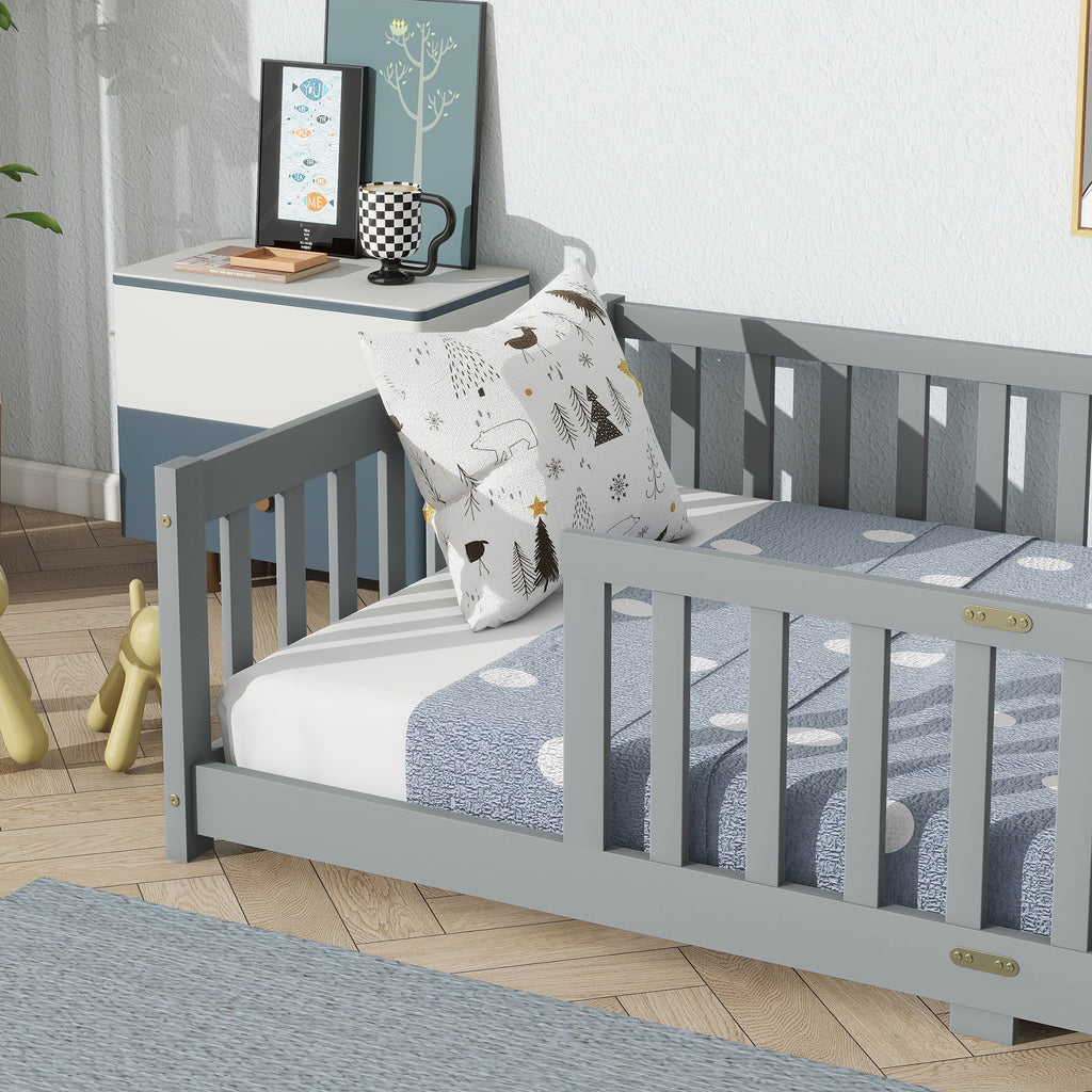 Twin Rubber Wood Floor Bed with Safety Guardrails, Grey