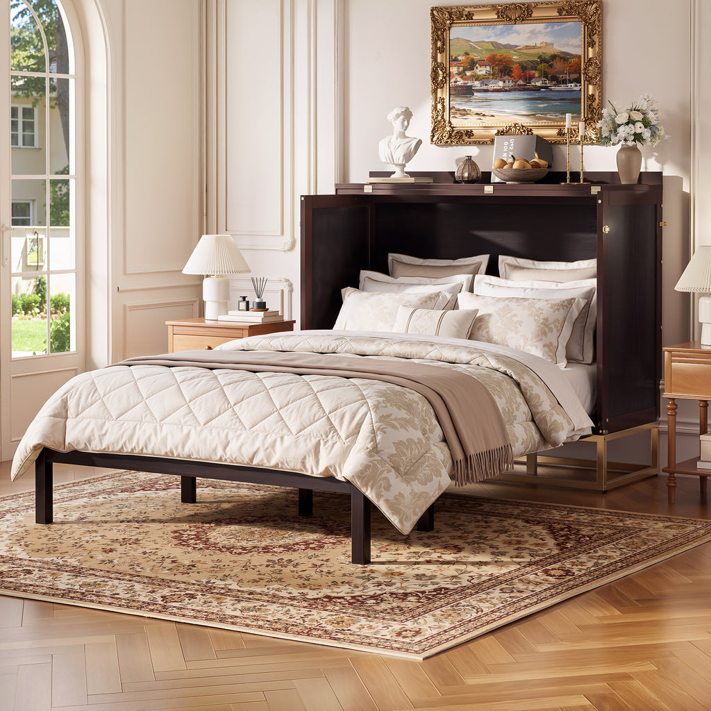 Queen Murphy Bed Cabinet with Espresso Finish, Free-Standing Fold-Out Design