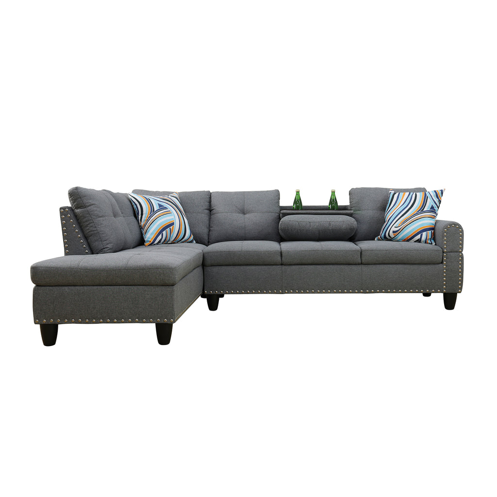 Angle view showing L-shape configuration and ottoman placement