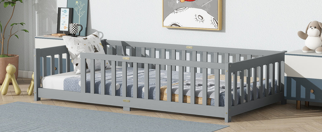 Twin Rubber Wood Floor Bed with Safety Guardrails, Grey