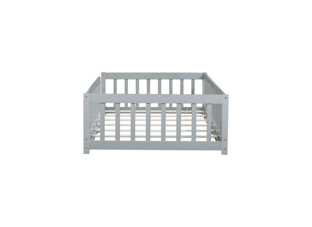 Twin Rubber Wood Floor Bed with Safety Guardrails, Grey