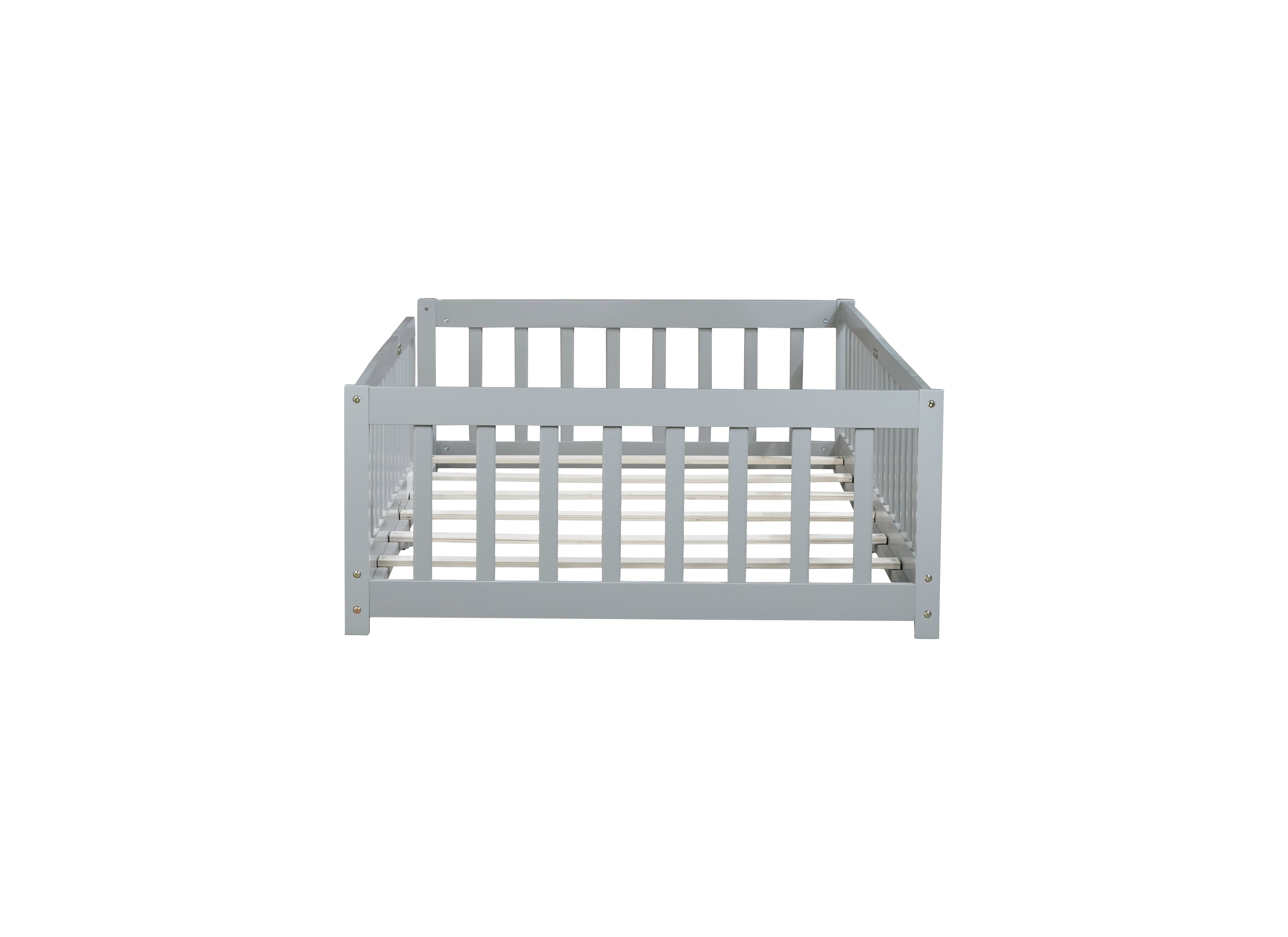 Twin Rubber Wood Floor Bed with Safety Guardrails, Grey