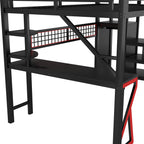 Full Size Metal Loft Bed with Stairs, High Guardrails & Built-in Wardrobe – Black