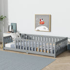 Twin Rubber Wood Floor Bed with Safety Guardrails, Grey