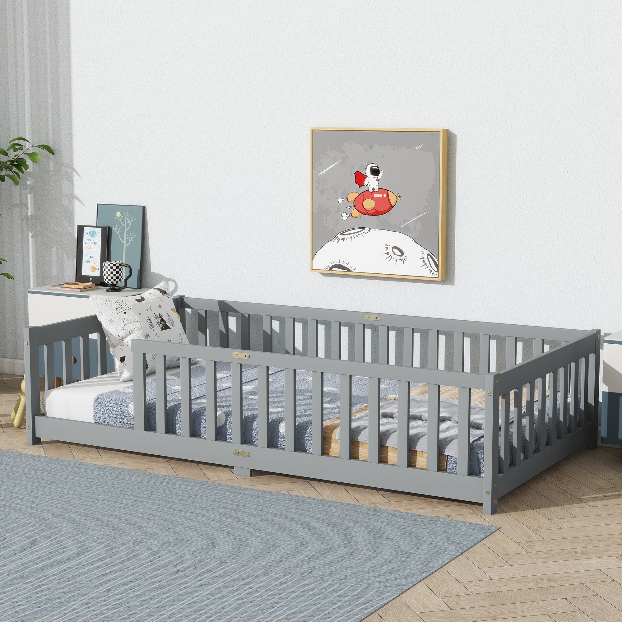 Twin Rubber Wood Floor Bed with Safety Guardrails, Grey