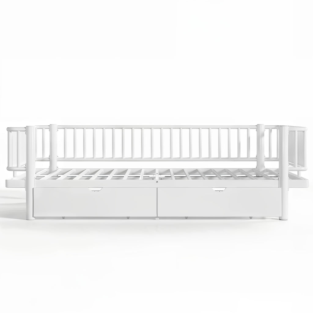 Queen Platform Bed with Storage Drawers, Low-Profile Metal Frame in White