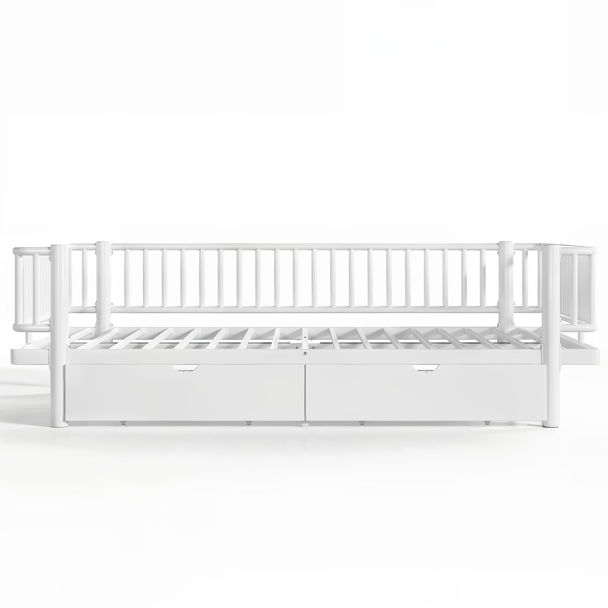 Queen Platform Bed with Storage Drawers, Low-Profile Metal Frame in White