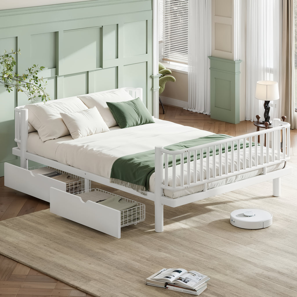 Queen Platform Bed with Storage Drawers, Low-Profile Metal Frame in White