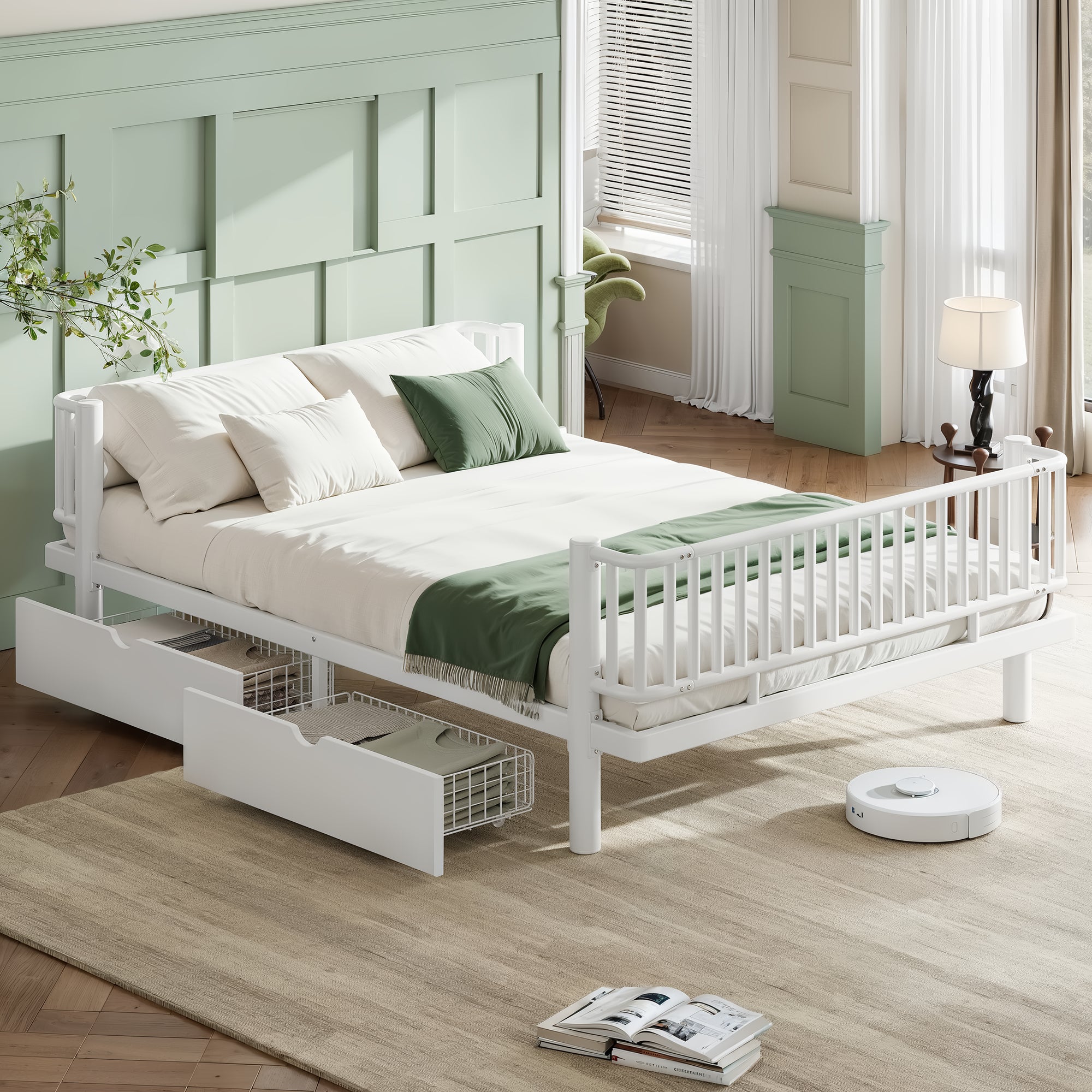 Queen Platform Bed with Storage Drawers, Low-Profile Metal Frame in White