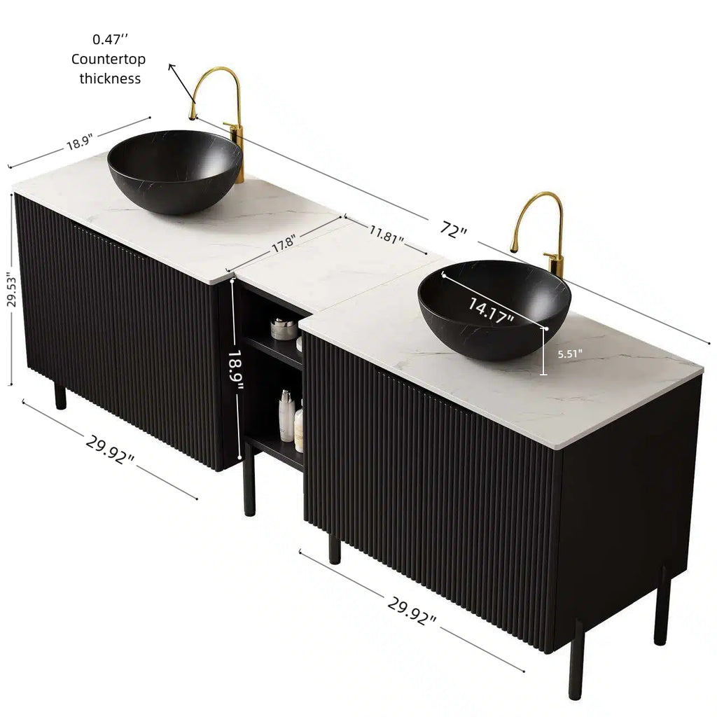72" Freestanding Double Bathroom Vanity with Ceramic Vessel Sinks & Carrara White Countertop - product detail image 7