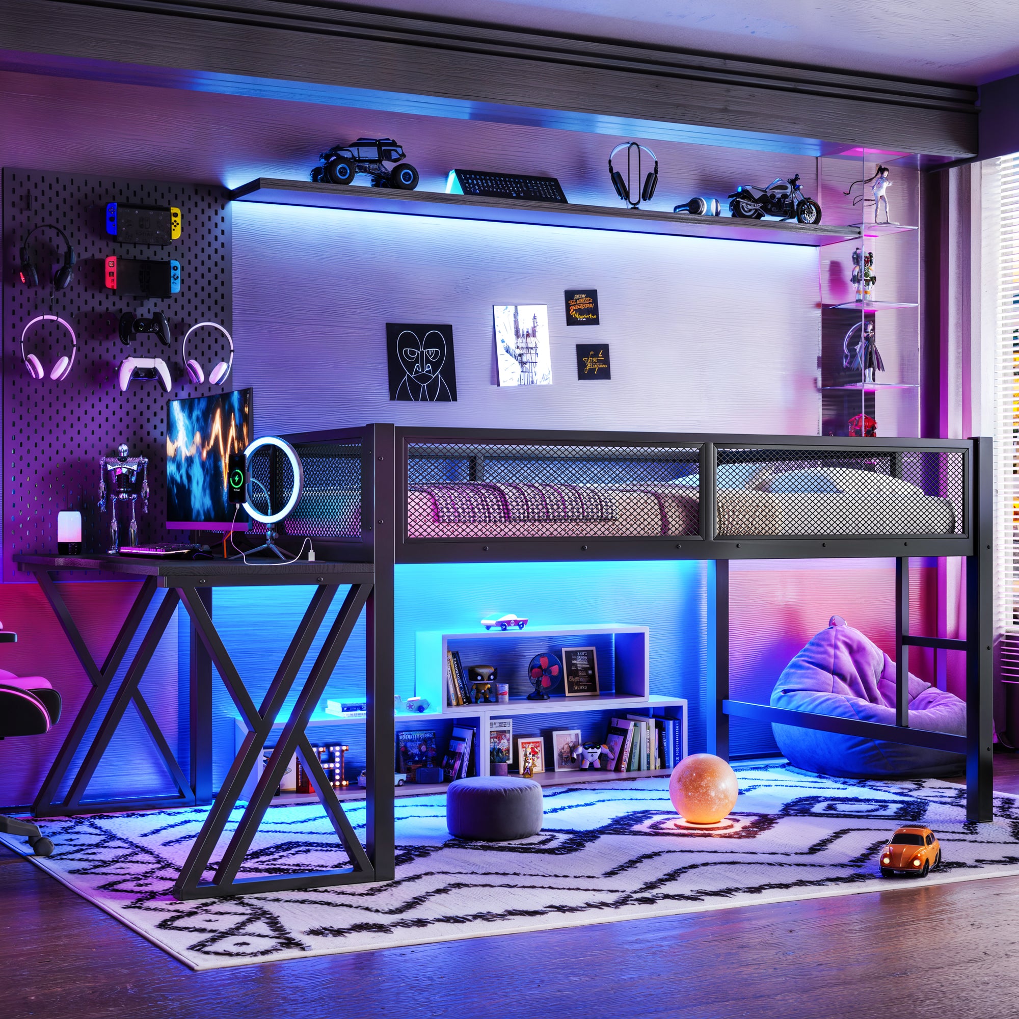 Full Size Gaming Loft Bed with Desk, LED Lights & USB Ports – Black Metal Frame