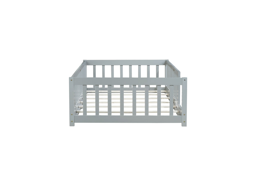 Twin Rubber Wood Floor Bed with Safety Guardrails, Grey
