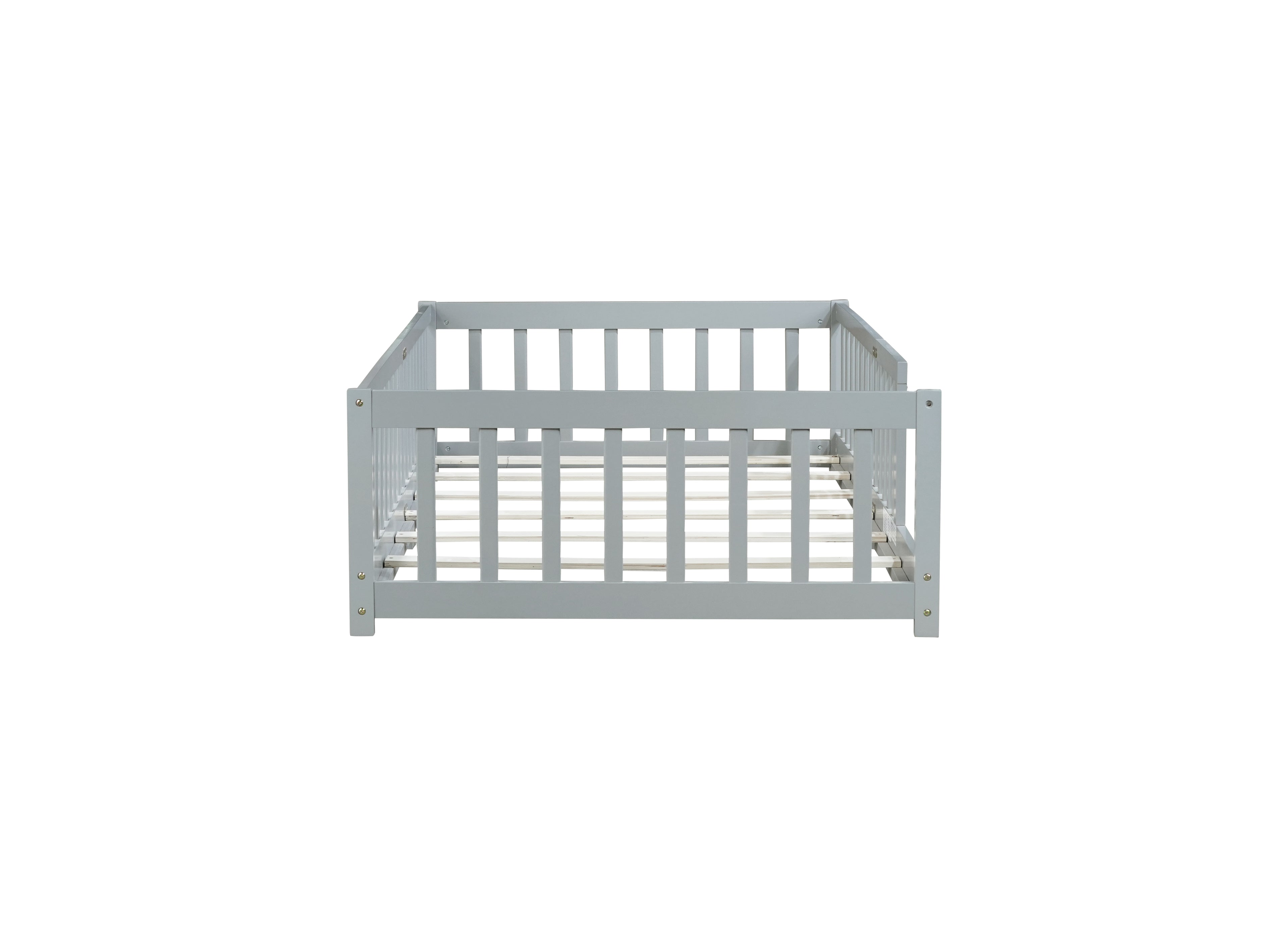 Twin Rubber Wood Floor Bed with Safety Guardrails, Grey