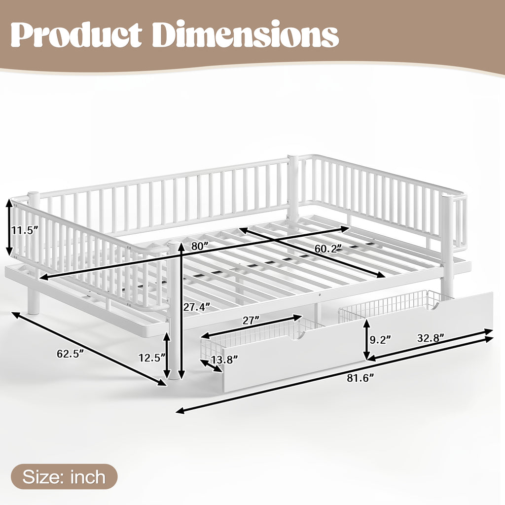 Queen Platform Bed with Storage Drawers, Low-Profile Metal Frame in White