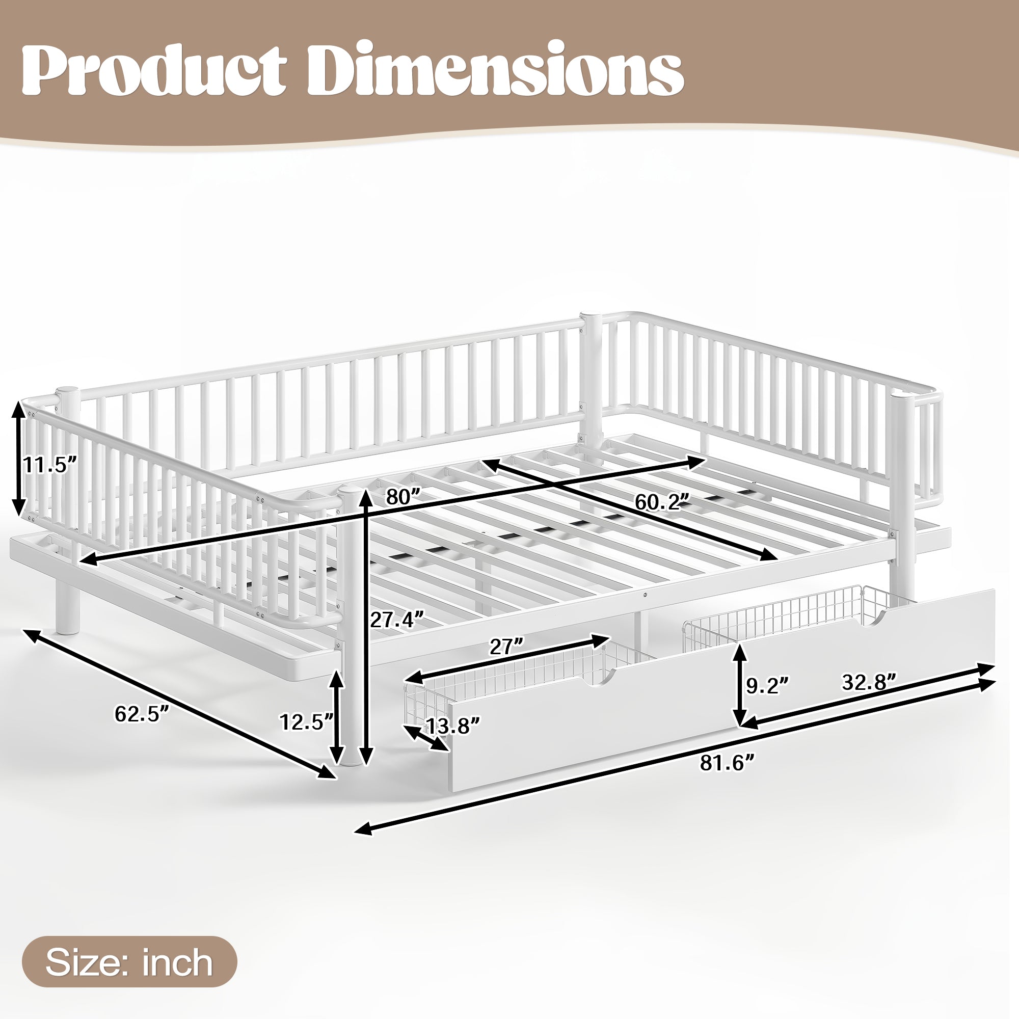 Queen Platform Bed with Storage Drawers, Low-Profile Metal Frame in White