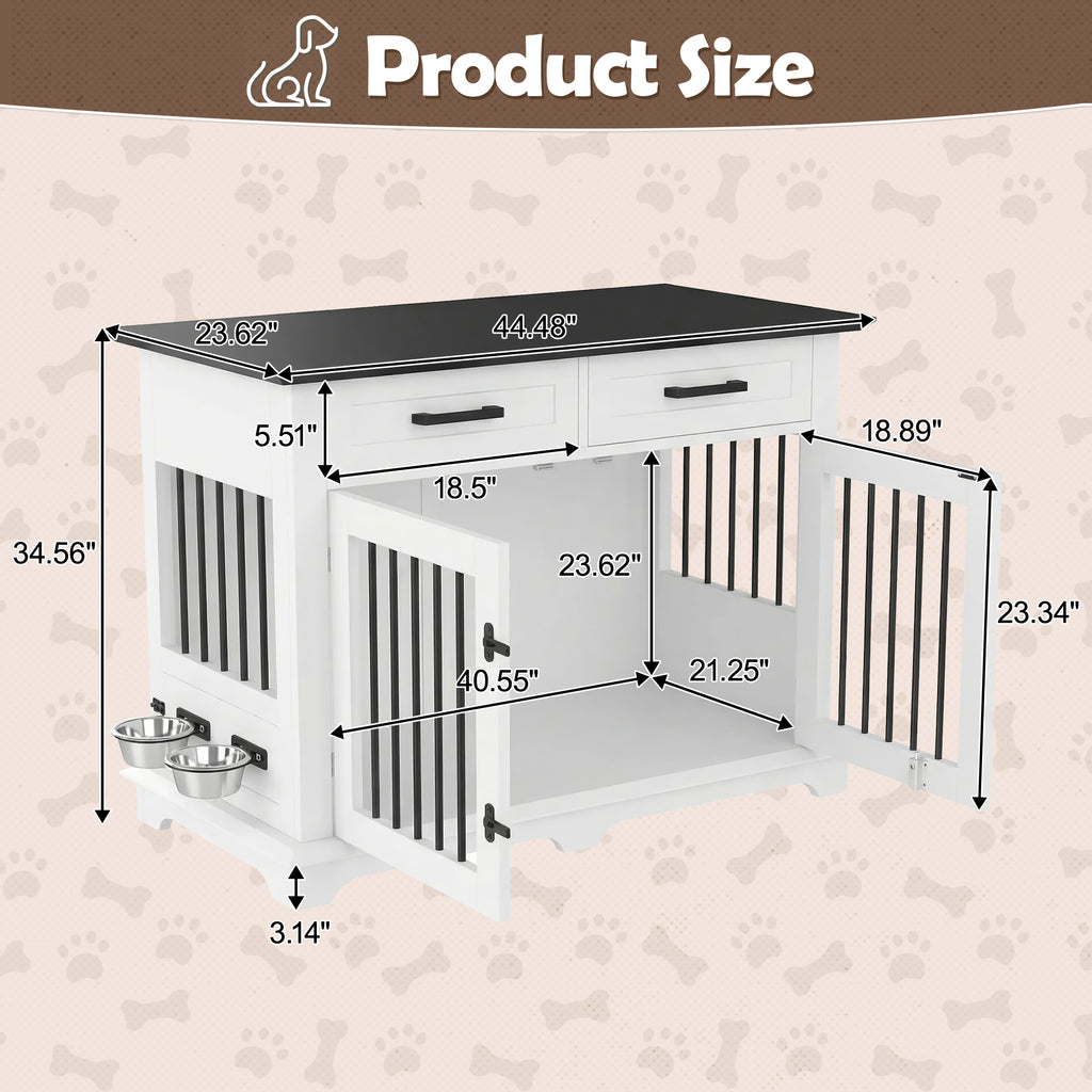 44.5" Wooden Dog Crate End Table with 2 Drawers & Rotating Bowls, White and Black