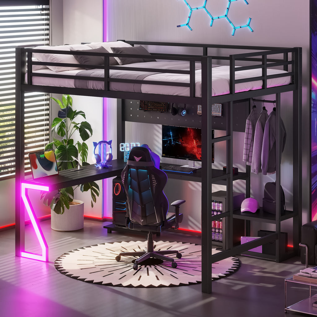 Full Metal Loft Bed with L-Shaped Desk, USB Ports, Peg Board & Z-Lights – Black