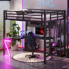Full Metal Loft Bed with L-Shaped Desk, USB Ports, Peg Board & Z-Lights – Black