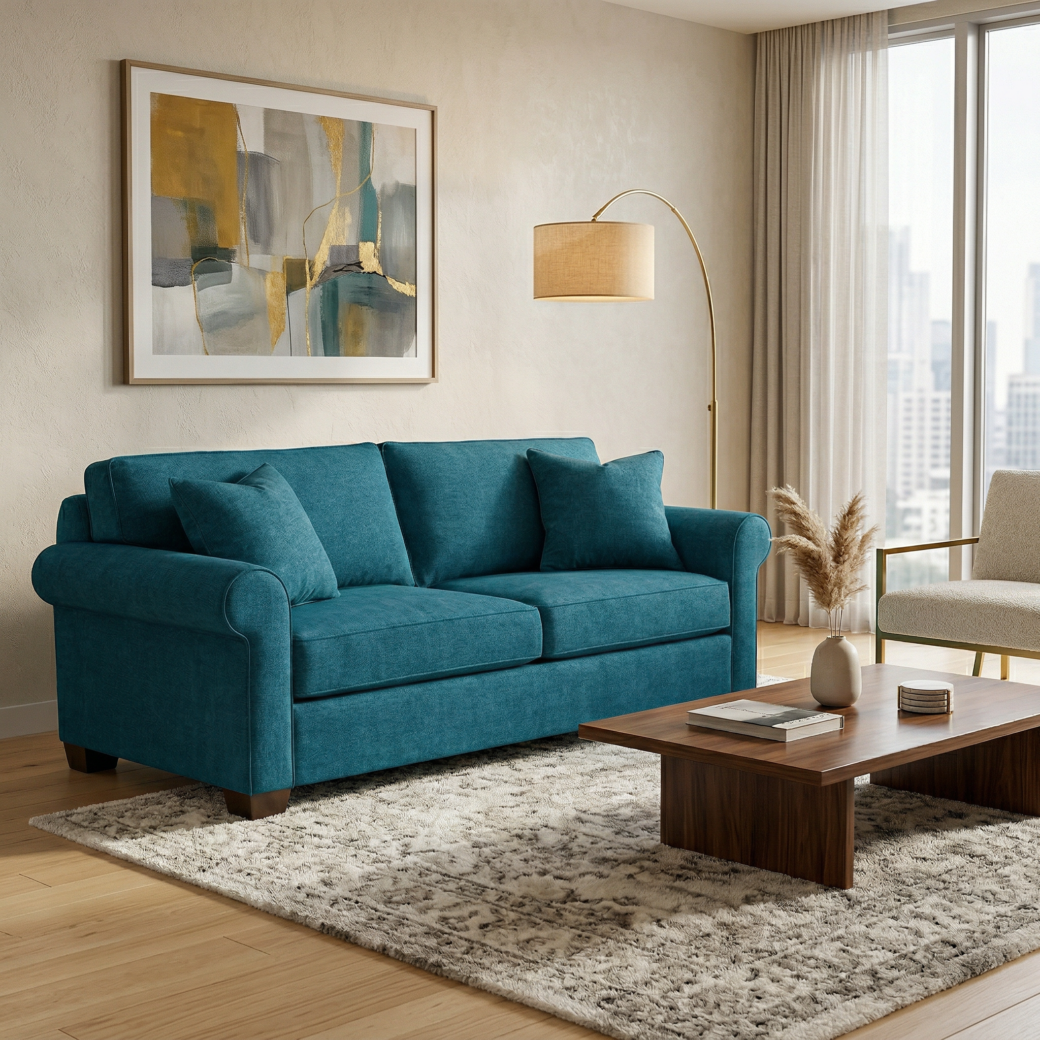 Front view of Irlanda 2-seat velvet sofa in teal antique peacock color, showing rolled arms and cushioned back Main image