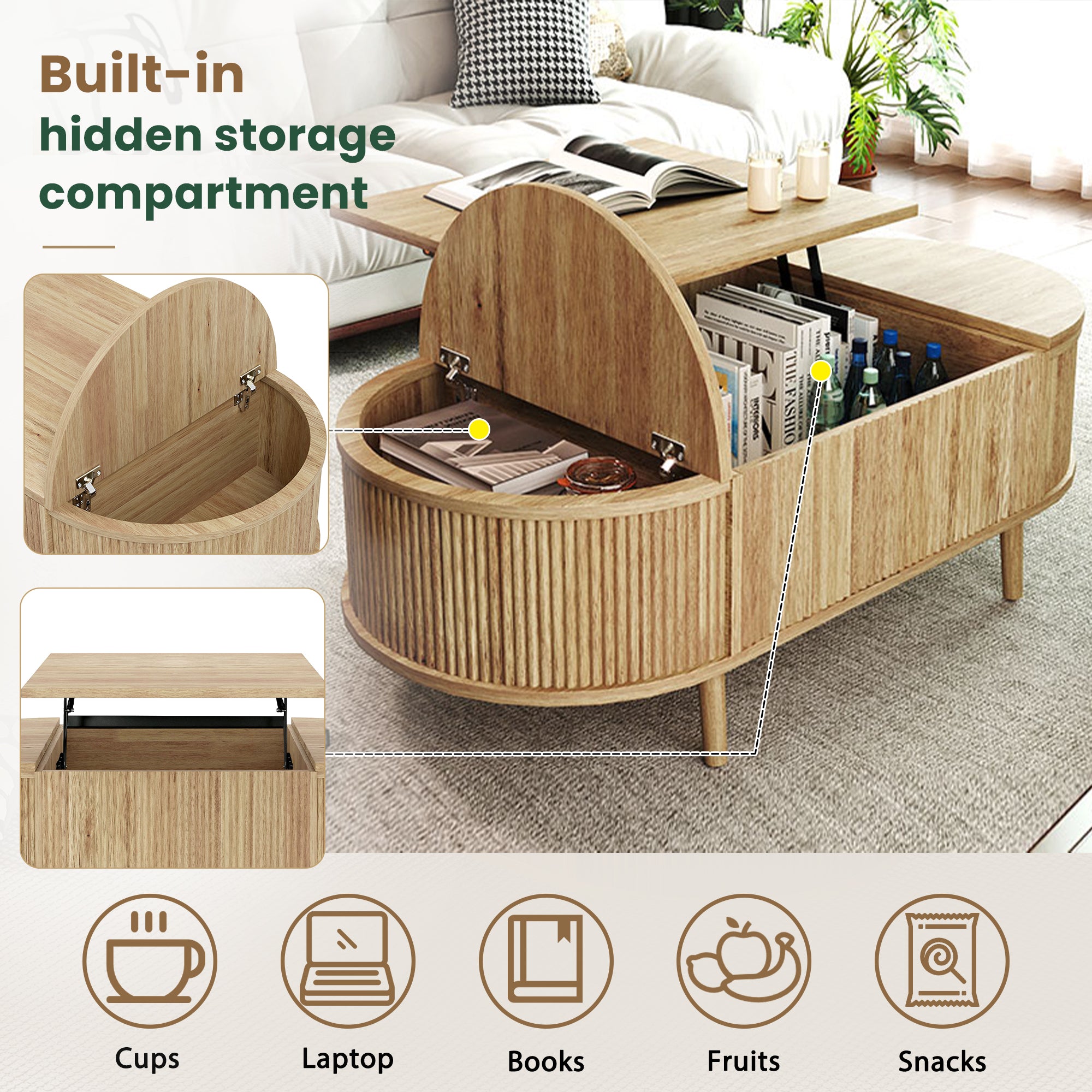 U-Can Oval Lift-Top Coffee Table with Hidden Storage & Wood Wave Grain Finish - product detail image 7