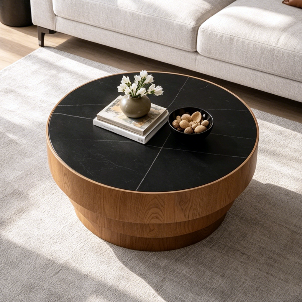 31.5" Round Coffee Table with Sintered Stone Top and Wood Veneer Tiered Base – Modern Black