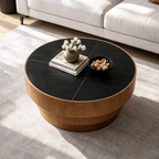 31.5" Round Coffee Table with Sintered Stone Top and Wood Veneer Tiered Base – Modern Black