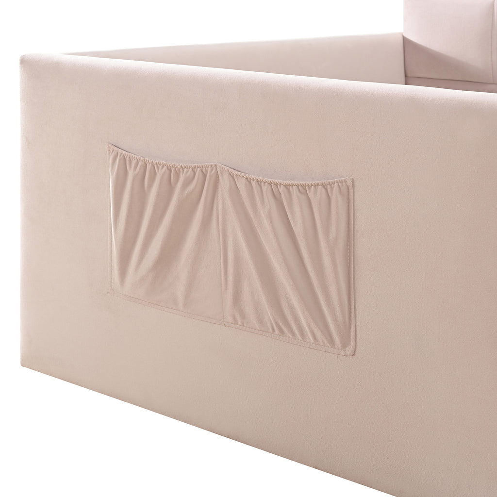 Twin Velvet Daybed Sofa Bed with Side Storage Pockets & Walk-In Entrance, Pink