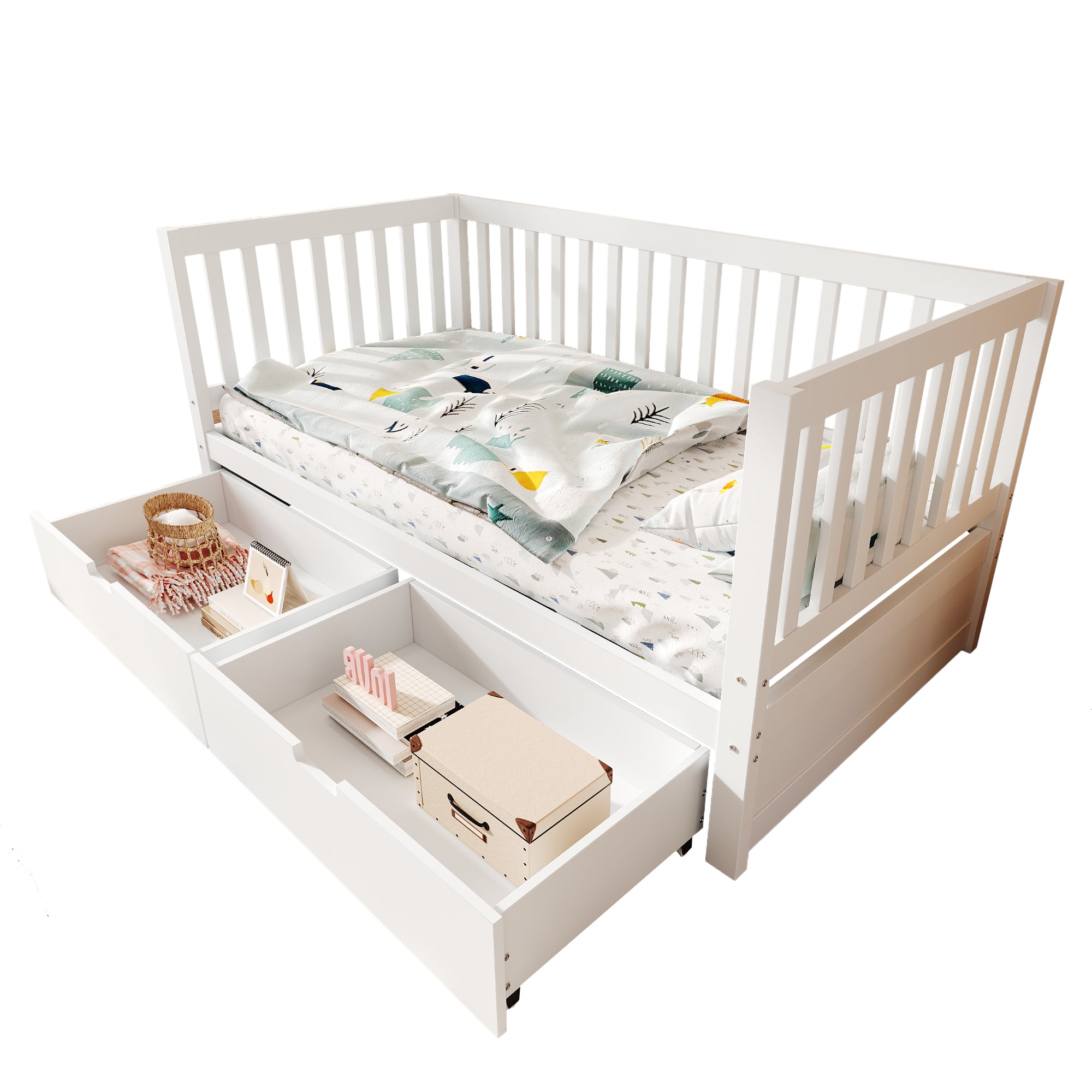 3-in-1 Convertible Toddler Bed with Storage Drawers, Solid Wood Daybed, White