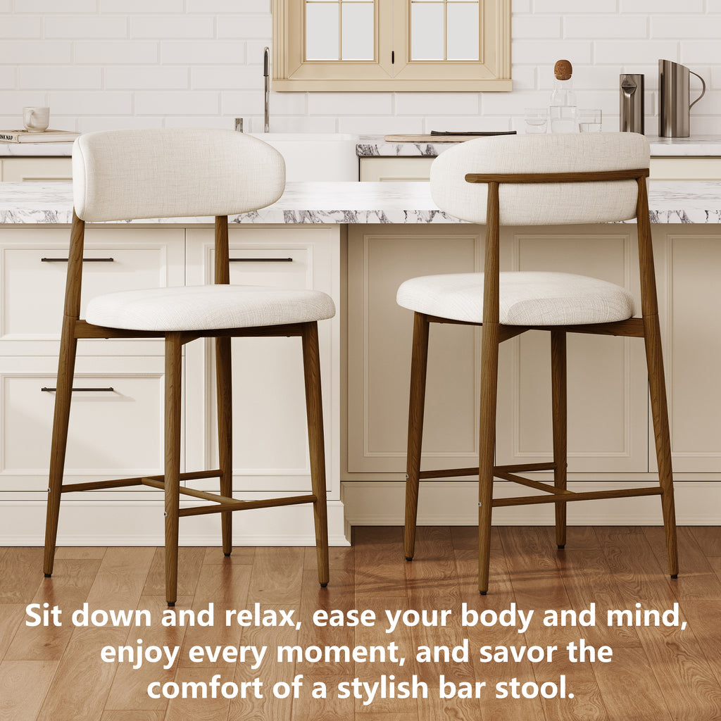 Counter Height Bar Stools Set of 2 – Modern Beige Upholstered Stools with Metal Legs for Kitchen Island