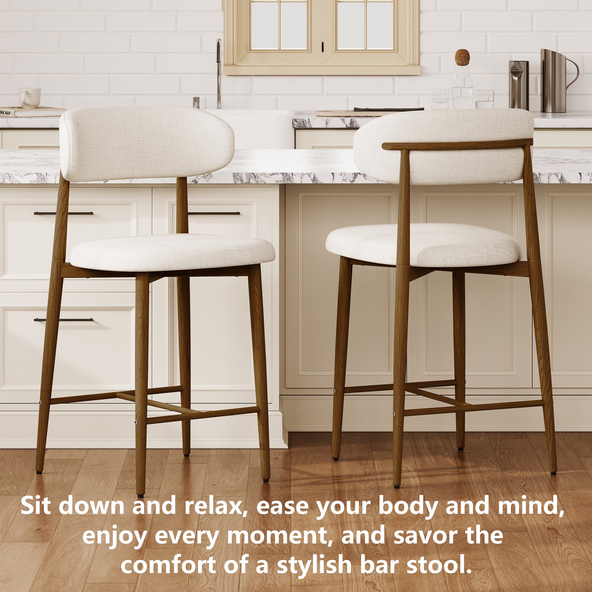 Counter Height Bar Stools Set of 2 – Modern Beige Upholstered Stools with Metal Legs for Kitchen Island