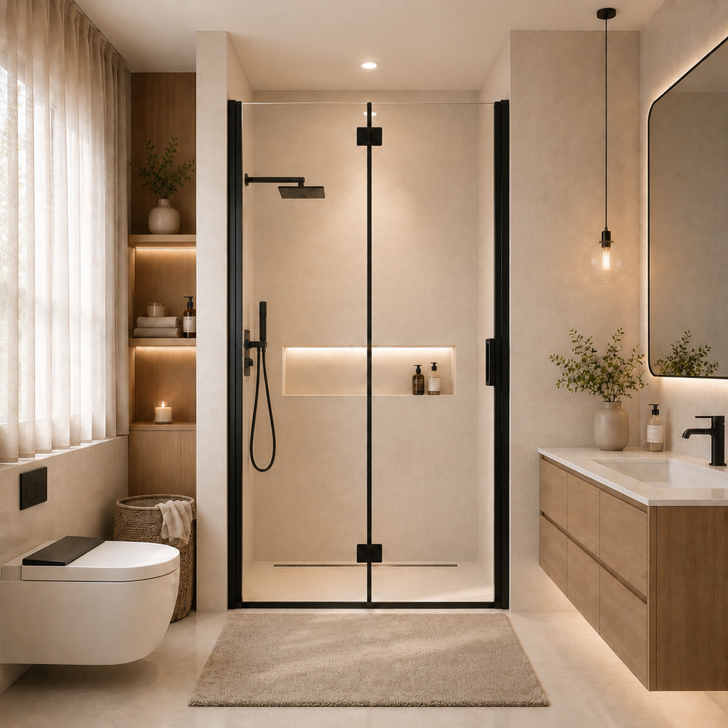 Front view of matte black semi-frameless folding pivot shower door installed in bathroom