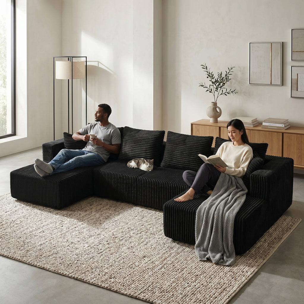 U-Shaped Corduroy Sectional Sofa with Double Chaise – 132" Black - product detail image 6