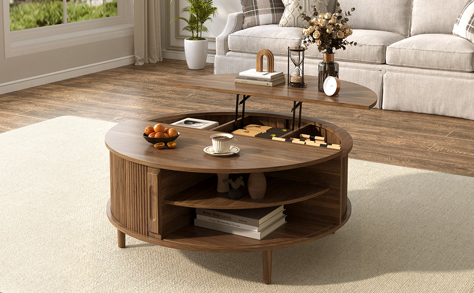 Close-up of the sliding door storage compartment on the side of the coffee table