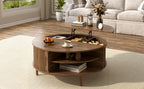 Close-up of the sliding door storage compartment on the side of the coffee table