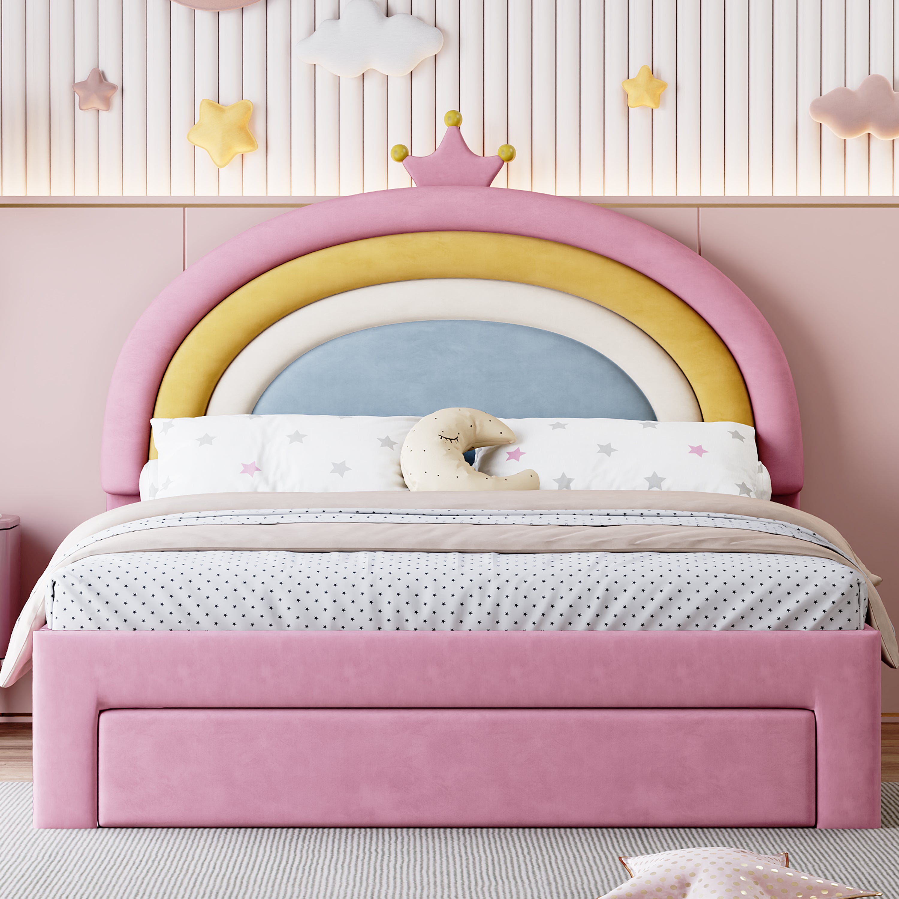 Full Size Upholstered Rainbow Velvet Platform Bed with Storage Drawer – Pink Secondary image