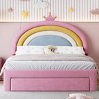 Full Size Upholstered Rainbow Velvet Platform Bed with Storage Drawer – Pink