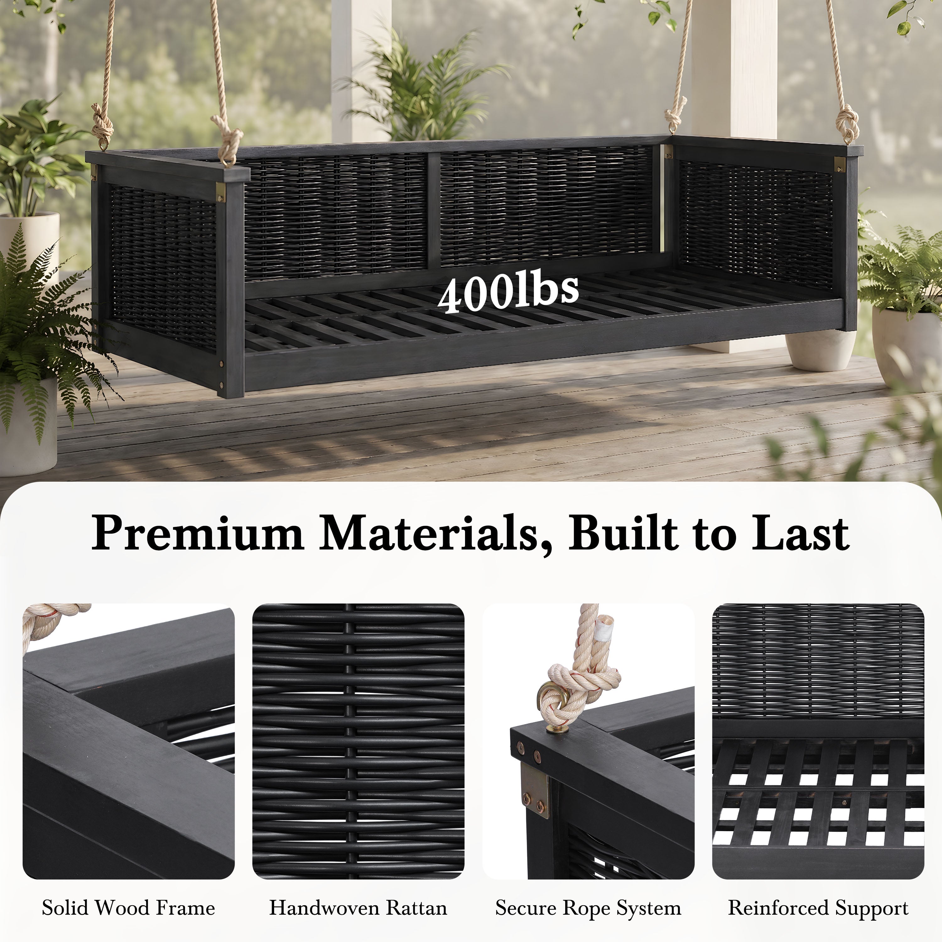 Outdoor Twin Swing Bed with Acacia Wood Frame & Rattan Weave – Black