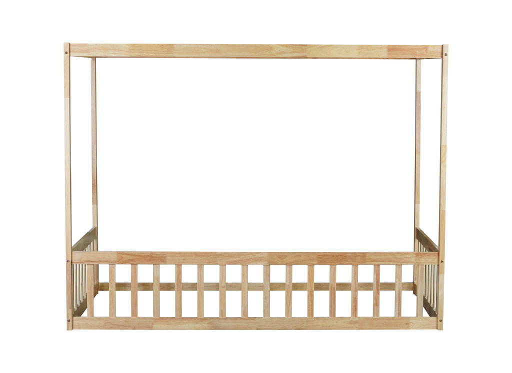 Twin Canopy Frame Floor Bed with Guardrails in Natural Wood