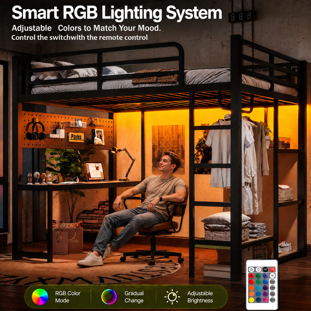 Full Size Metal Loft Bed with Desk, Shelves, USB Ports & Lights – Black - product detail image 6
