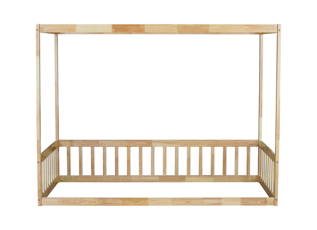 Twin Canopy Frame Floor Bed with Guardrails in Natural Wood