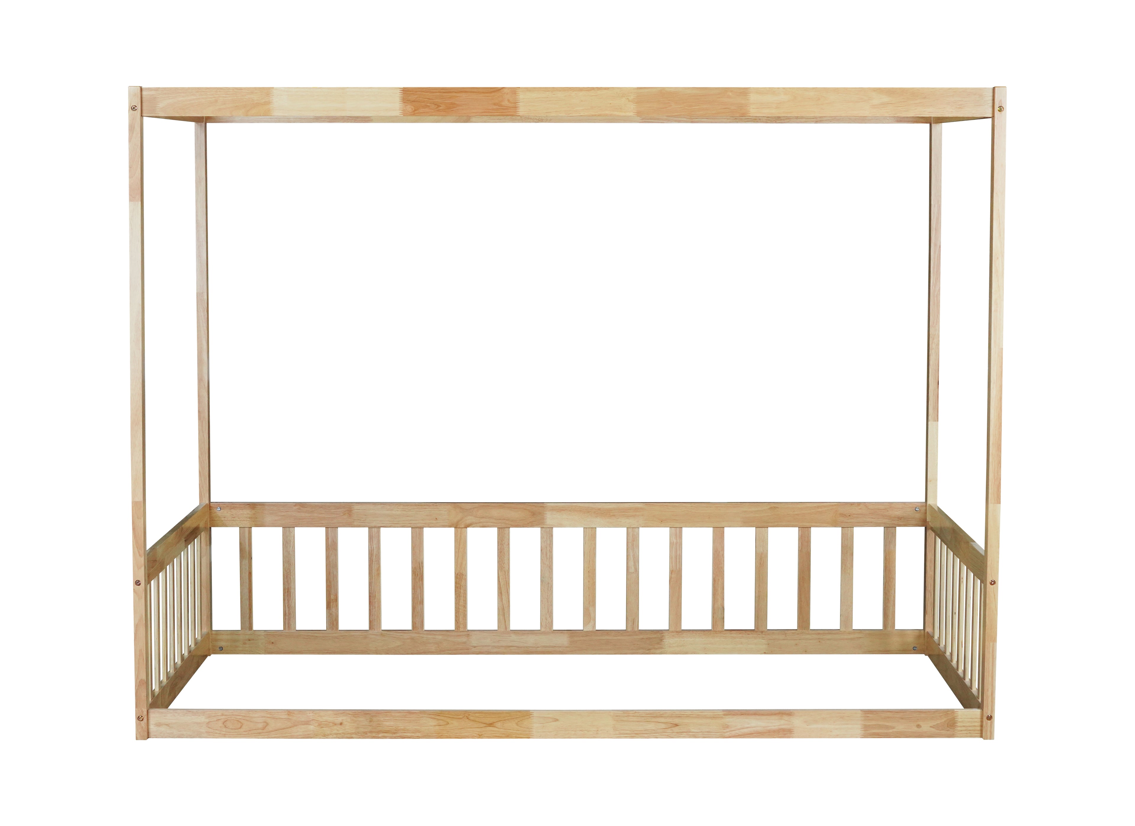 Twin Canopy Frame Floor Bed with Guardrails in Natural Wood