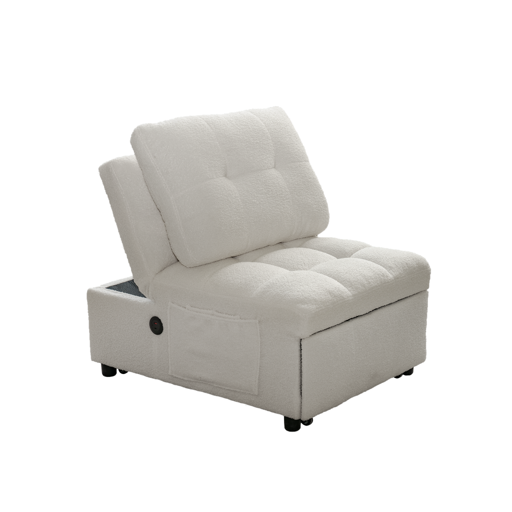 Single Sofa Bed with Adjustable Backrest, Teddy Fabric, USB Port & Side Pockets