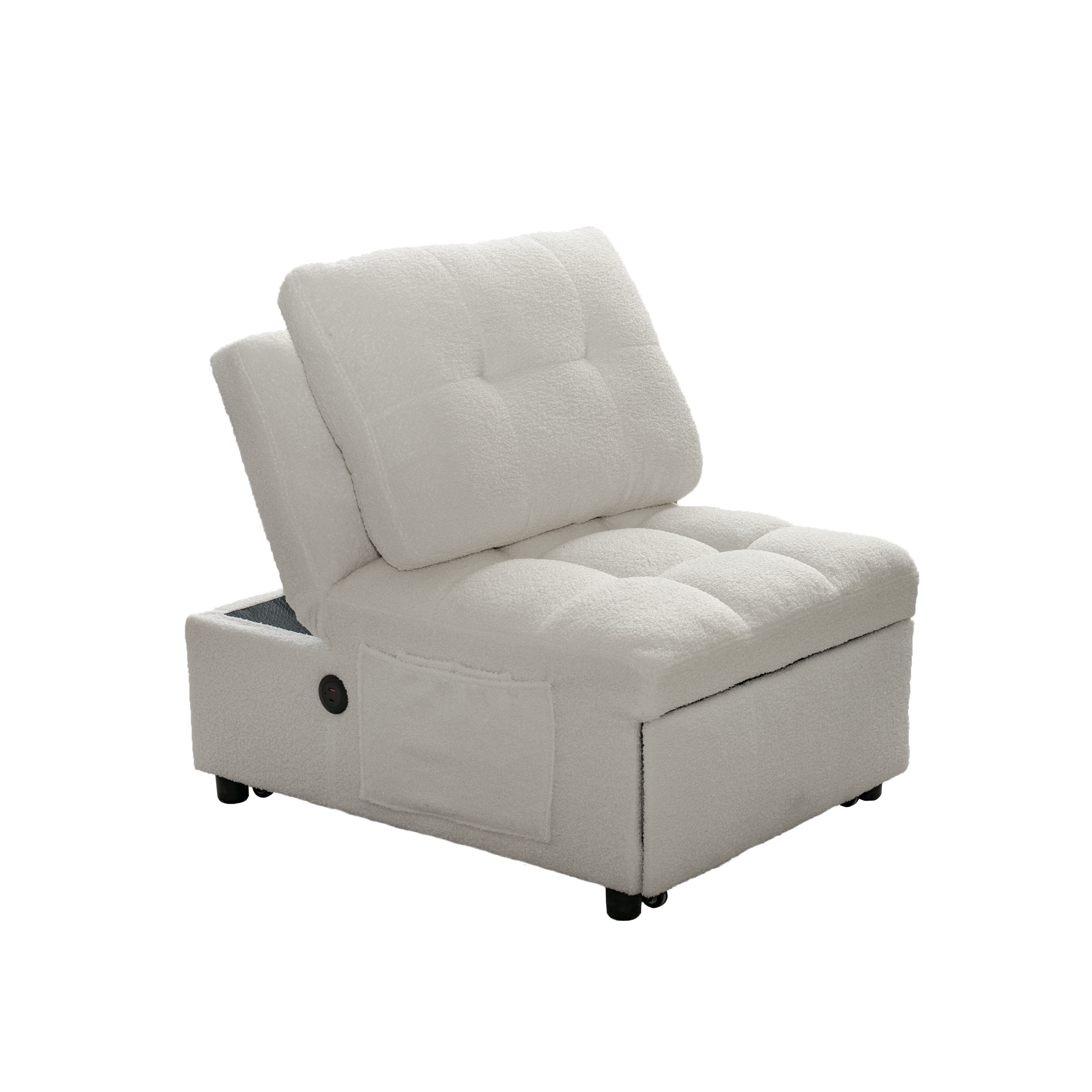 Single Sofa Bed with Adjustable Backrest, Teddy Fabric, USB Port & Side Pockets