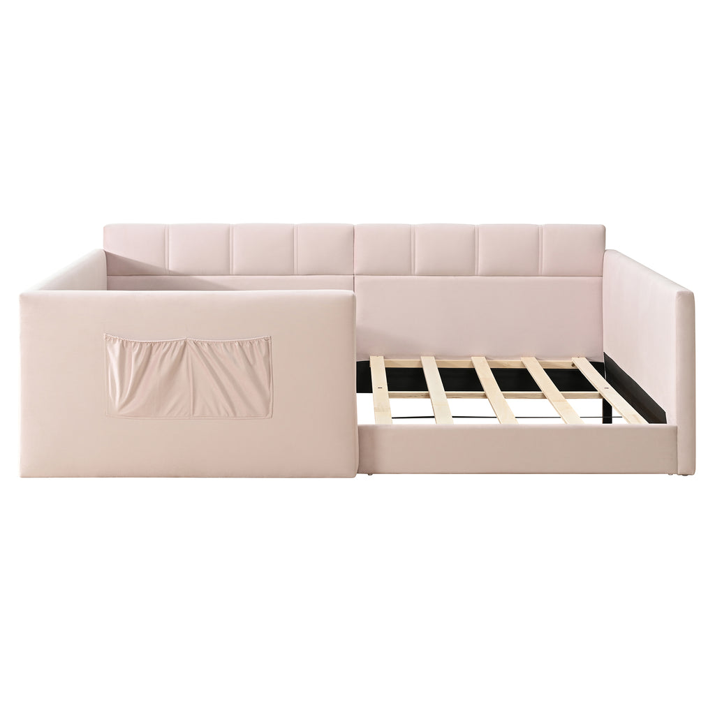 Twin Velvet Daybed Sofa Bed with Side Storage Pockets & Walk-In Entrance, Pink