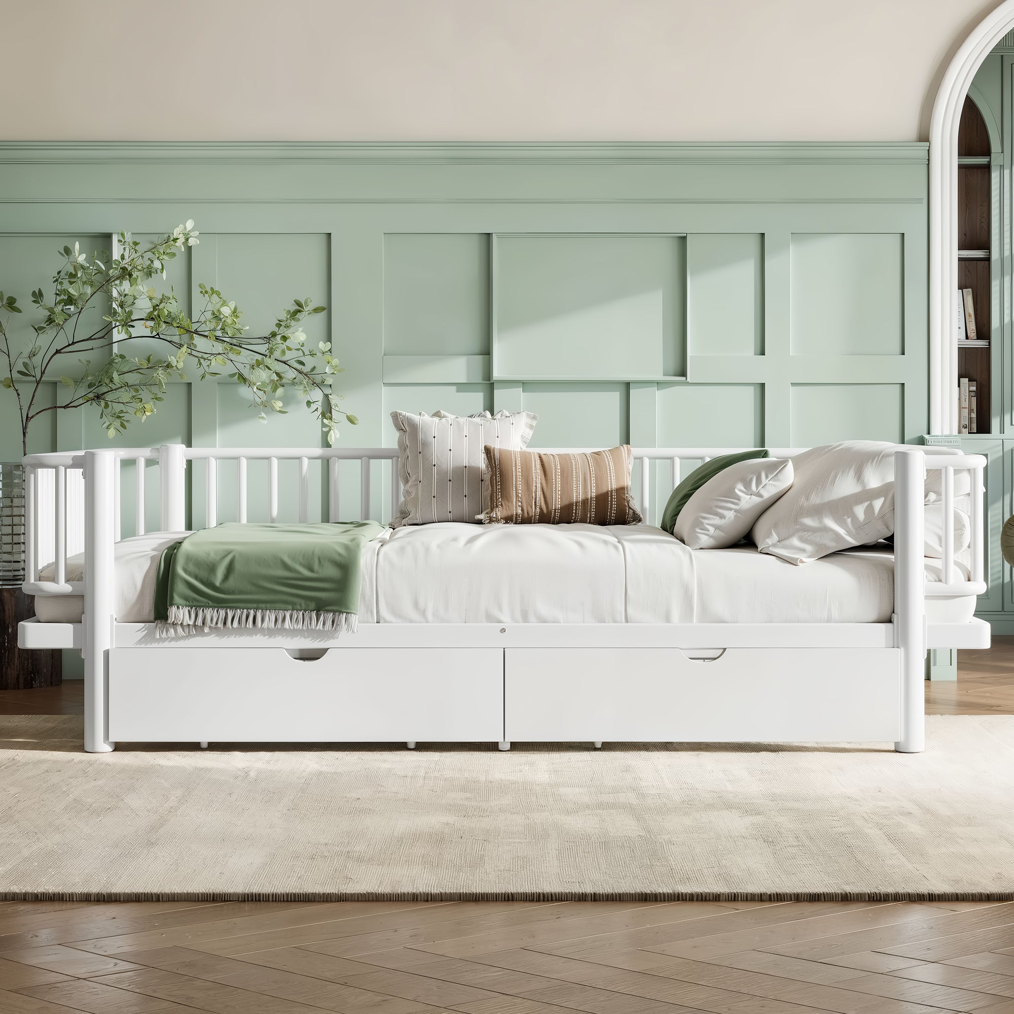 Queen Platform Bed with Storage Drawers, Low-Profile Metal Frame in White
